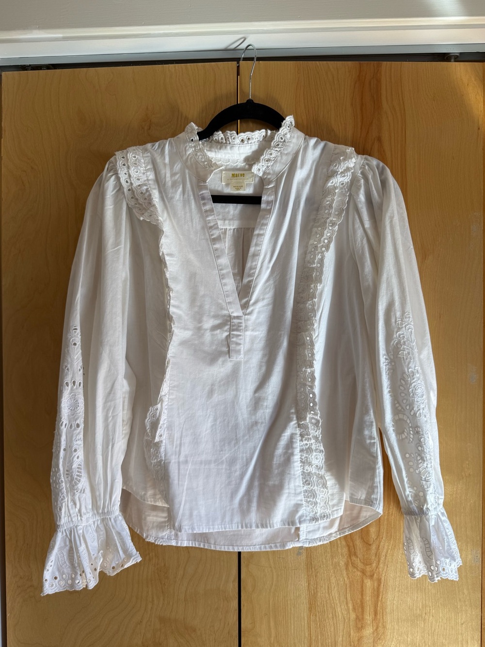 Anthropologie White Embroidered Lace-Trim Blouse